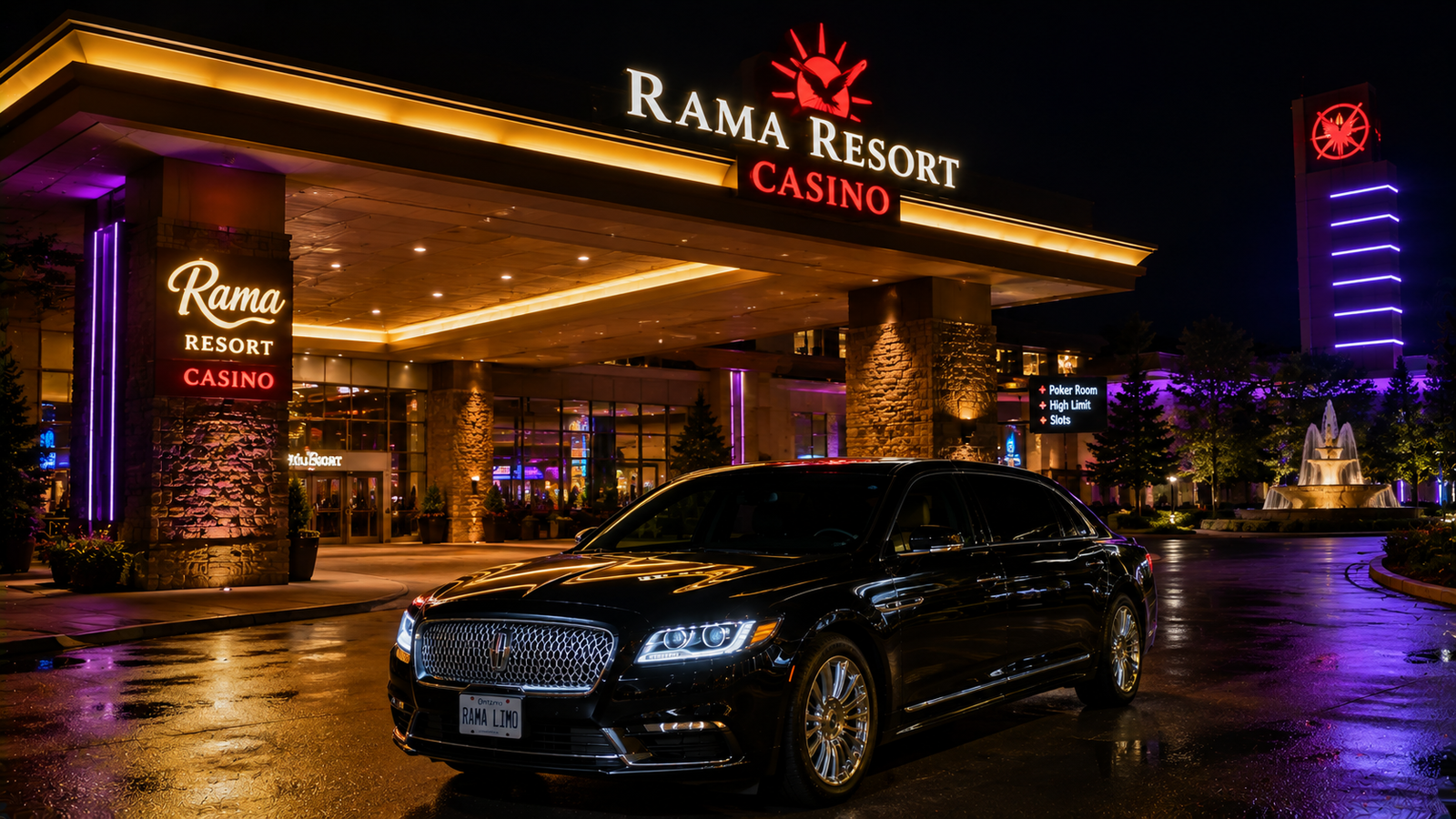 Black luxury stretch limousine parked under a illuminated resort canopy in Rama at night.