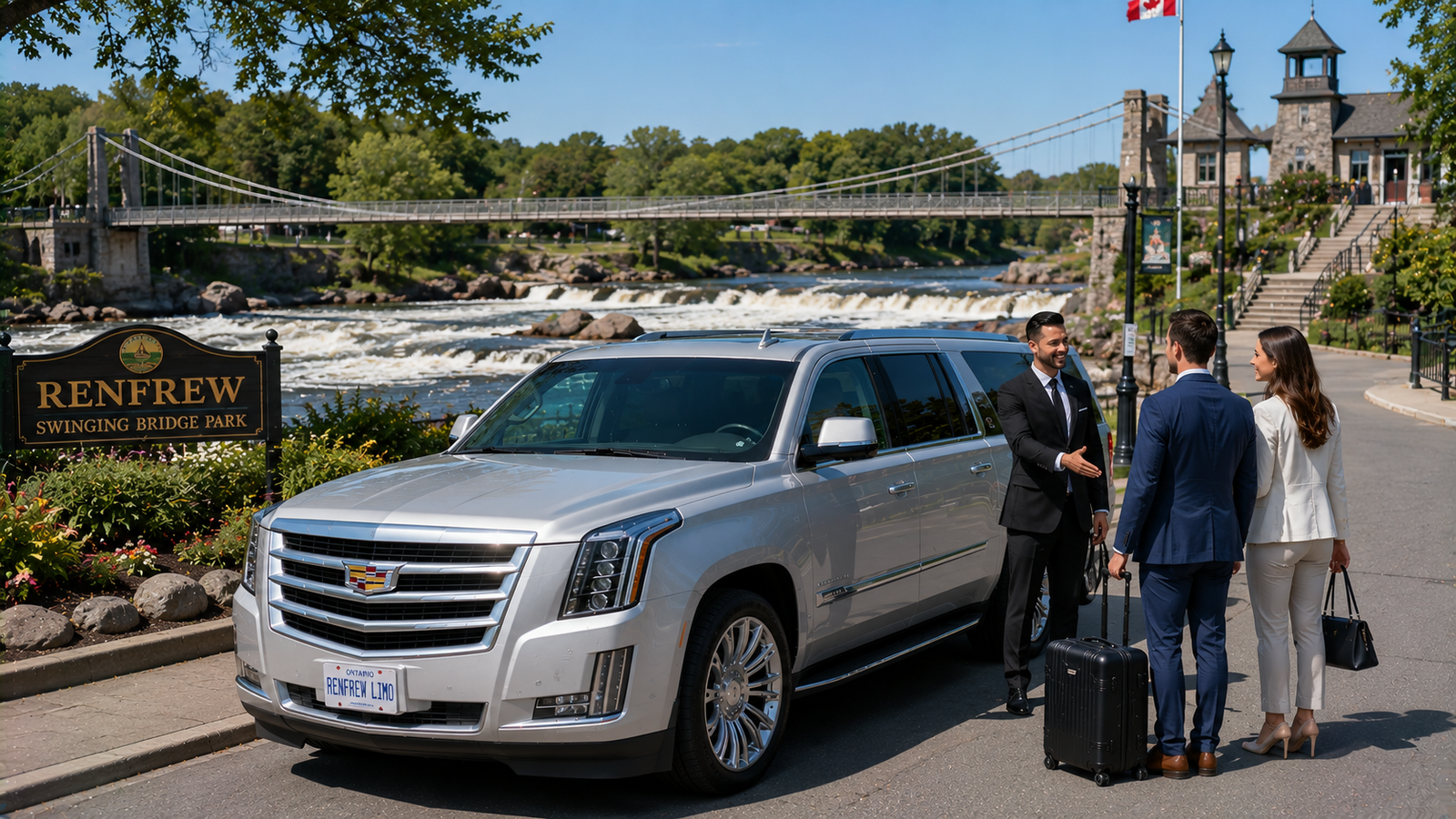Silver luxury SUV limo parked near the swinging bridge park in Renfrew.