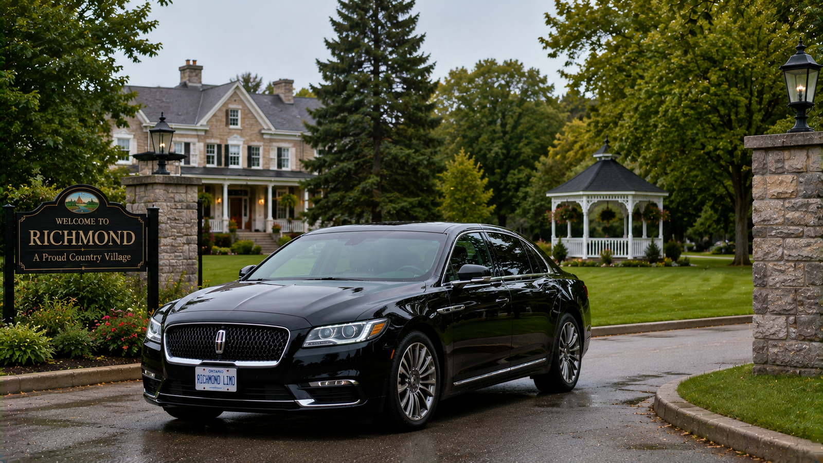 Dark navy executive sedan limo parked near a country village park in Richmond.