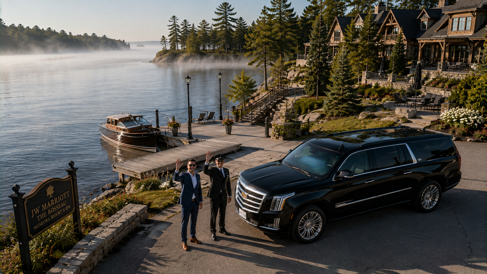 Black luxury SUV limo parked near a resort dock on Lake Rosseau in the morning mist.