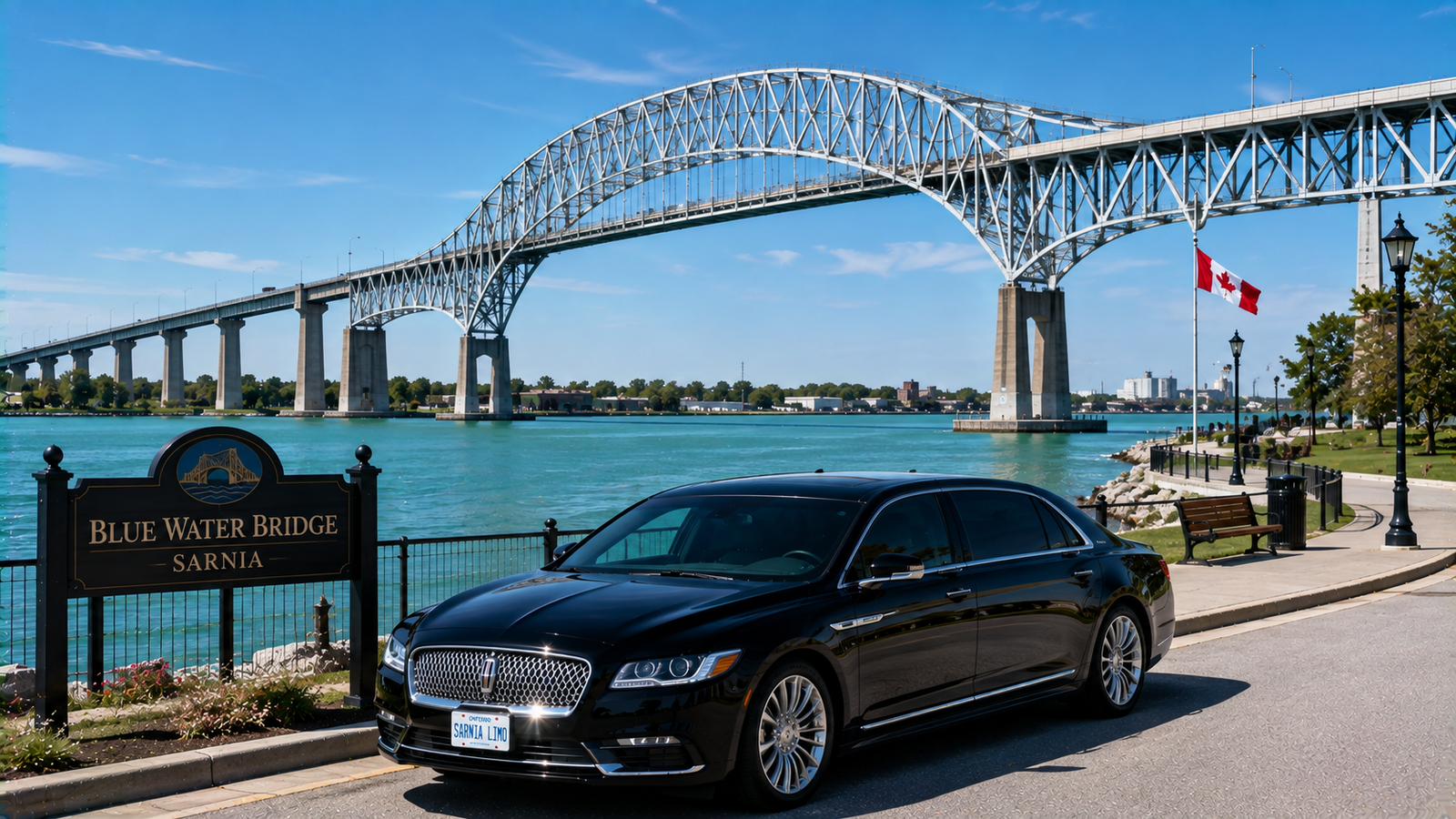 Silver executive sedan limo parked near the Blue Water Bridge in Sarnia.