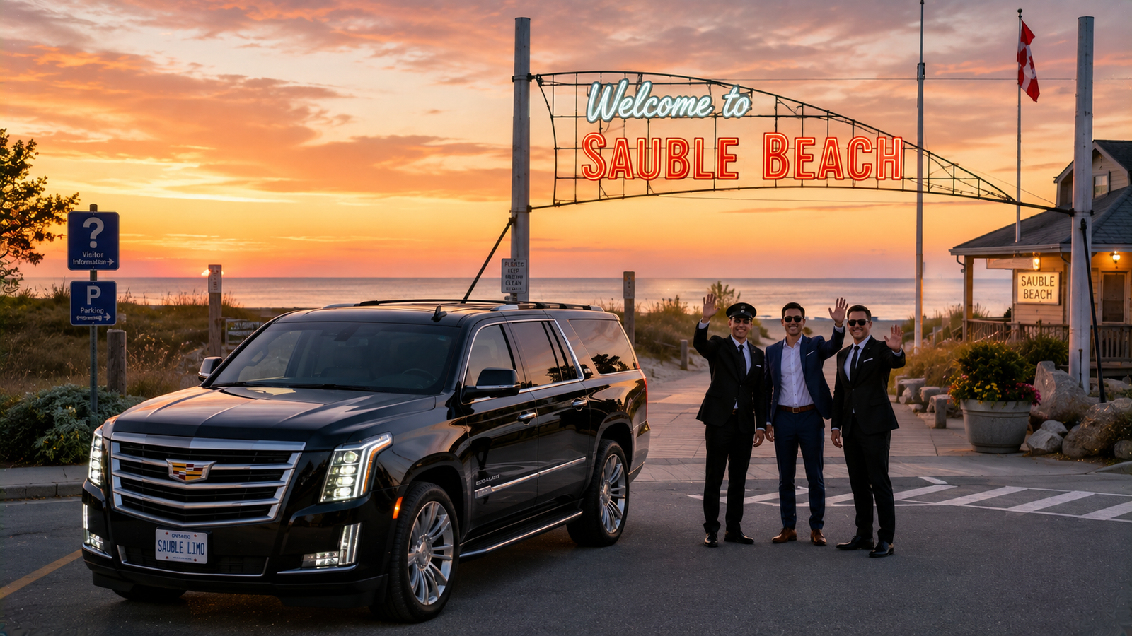 White luxury SUV limo parked near the Sauble Beach sign at dusk.