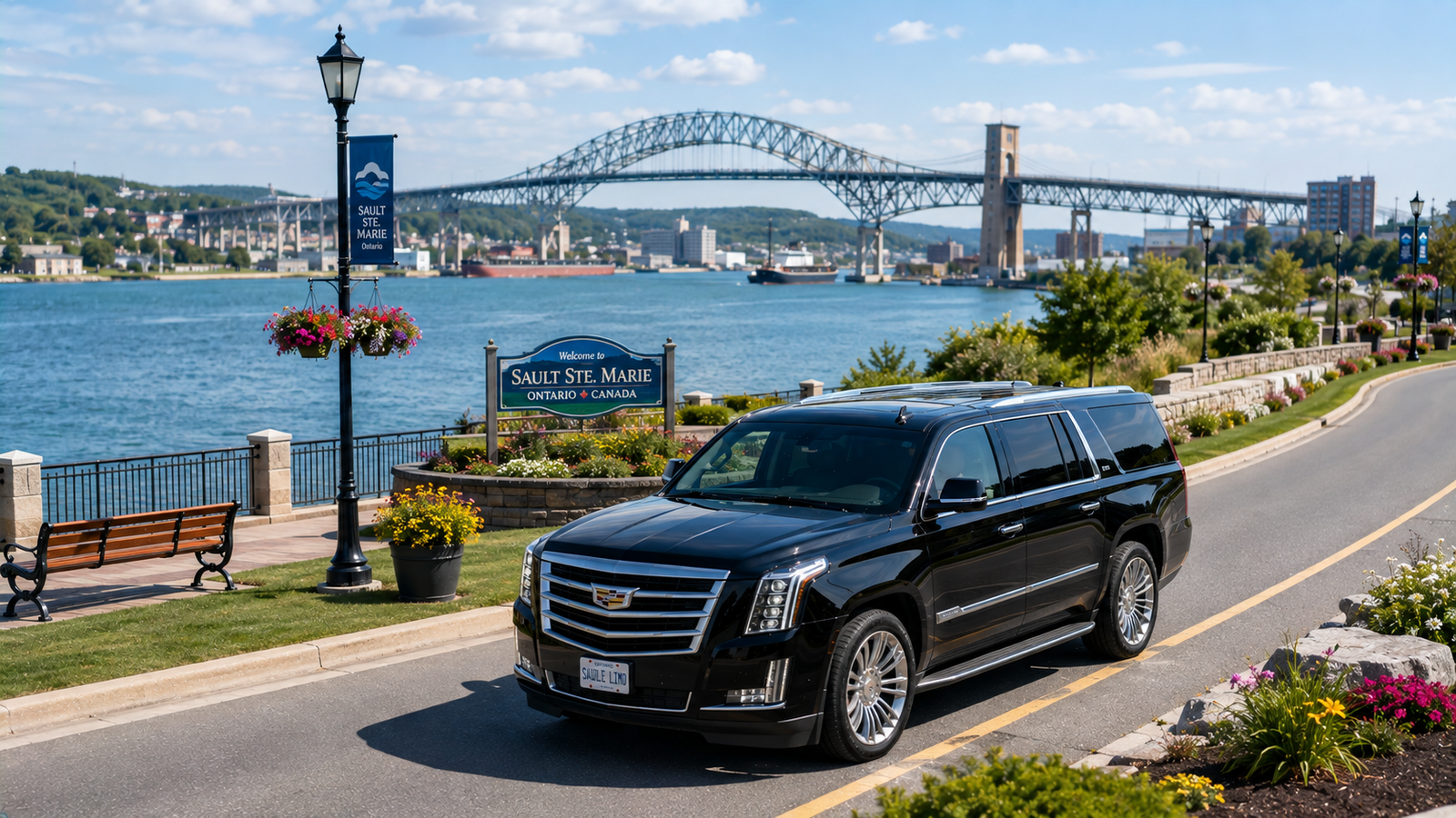 Black luxury SUV limo driving along the waterfront canal parkway in Sault Ste. Marie.