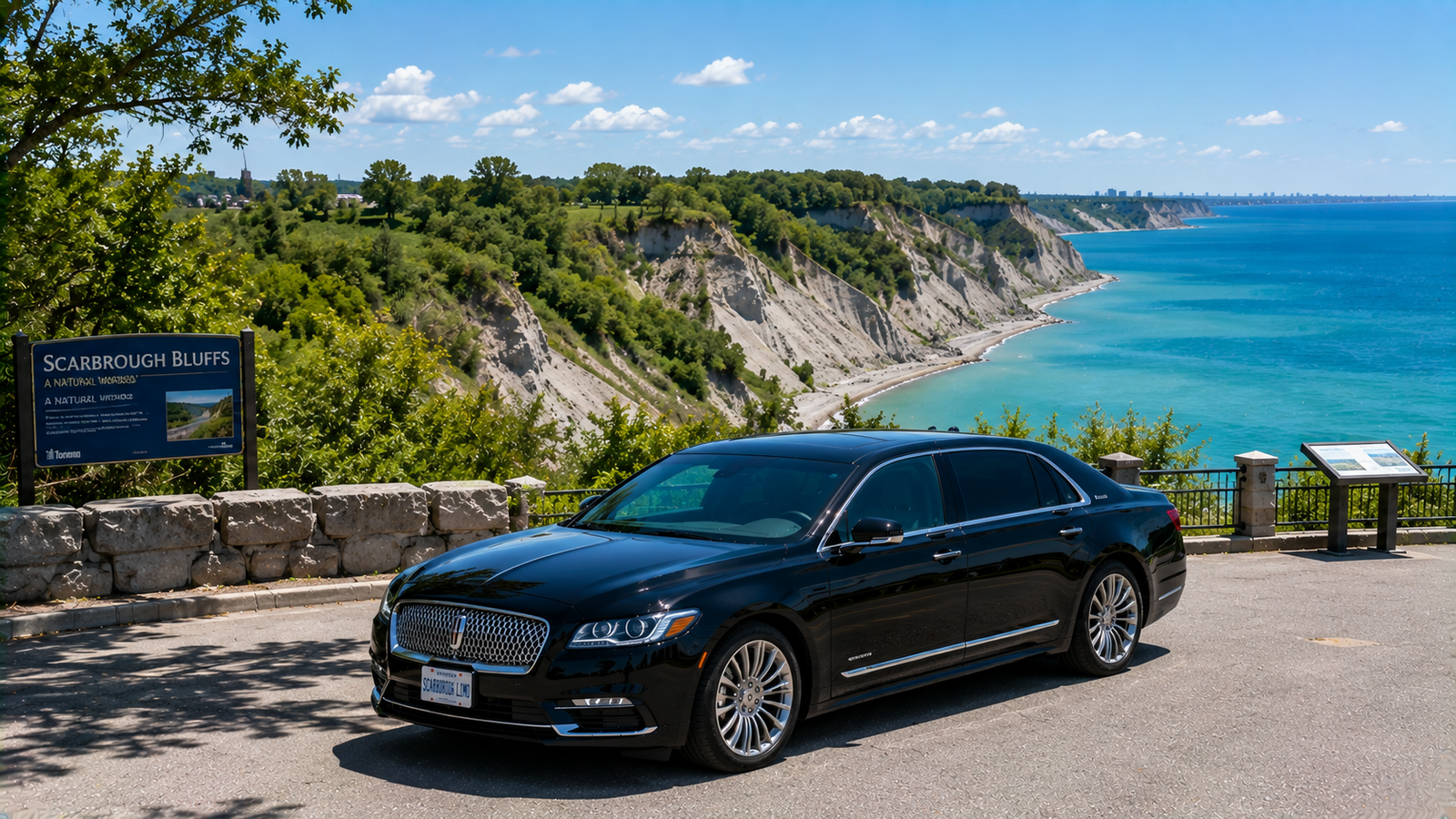 Sleek black sedan limo parked overlooking the Scarborough Bluffs cliffs.