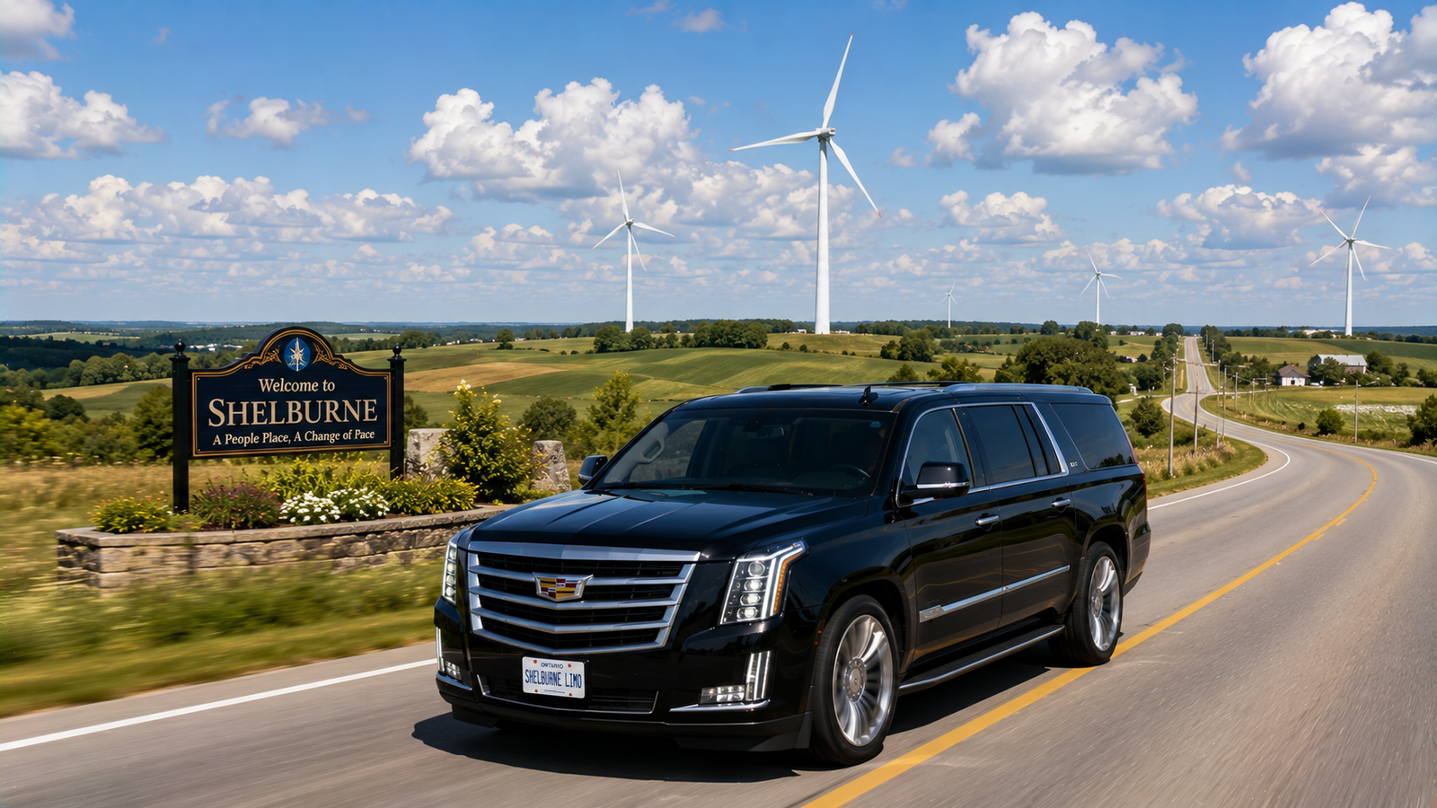 Metallic gray SUV limo driving through a rural highway in Shelburne.