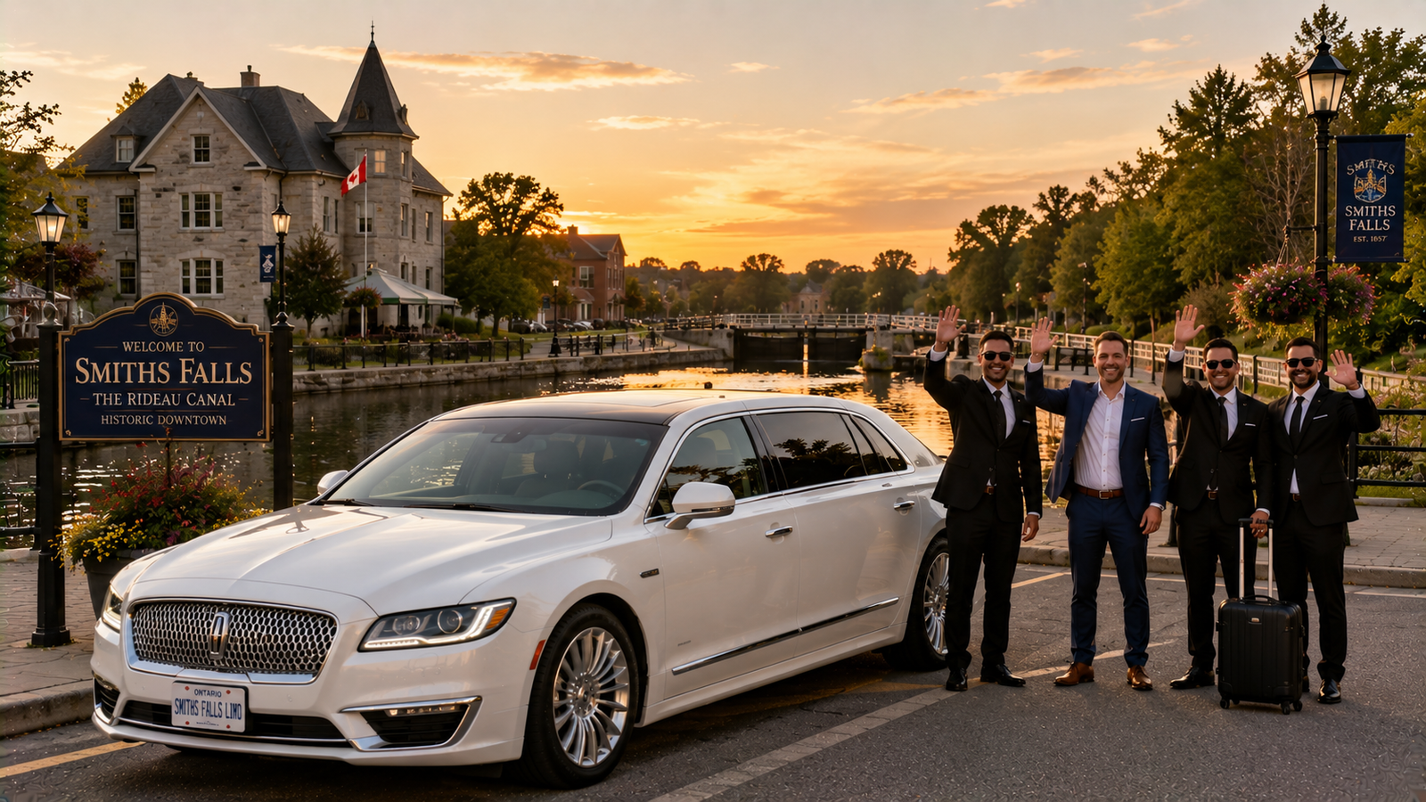 White executive sedan limo parked near a Rideau Canal lock basin in Smiths Falls