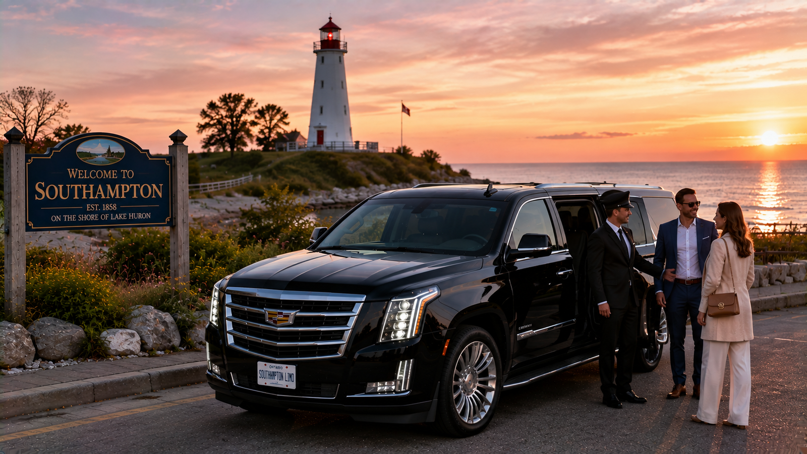Black luxury SUV limo parked near Chantry Island lighthouse view point in Southampton.