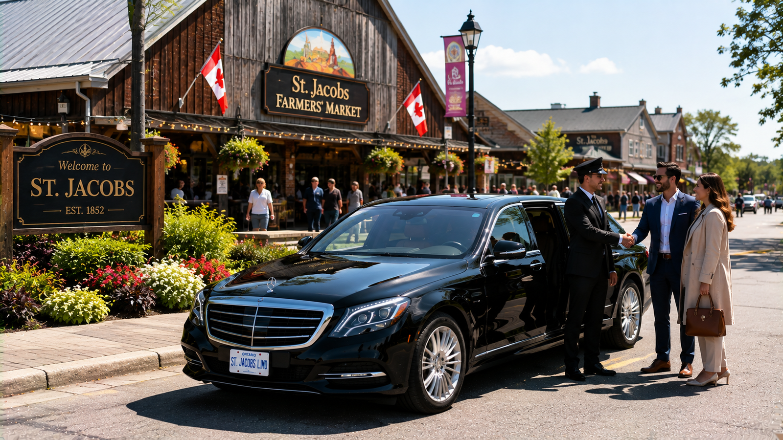 Silver luxury sedan limo parked near historic timber market buildings in St. Jacobs.