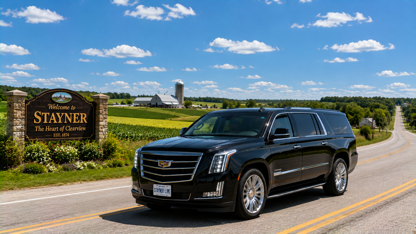 White executive SUV limo driving past agricultural farmlands in Stayner.