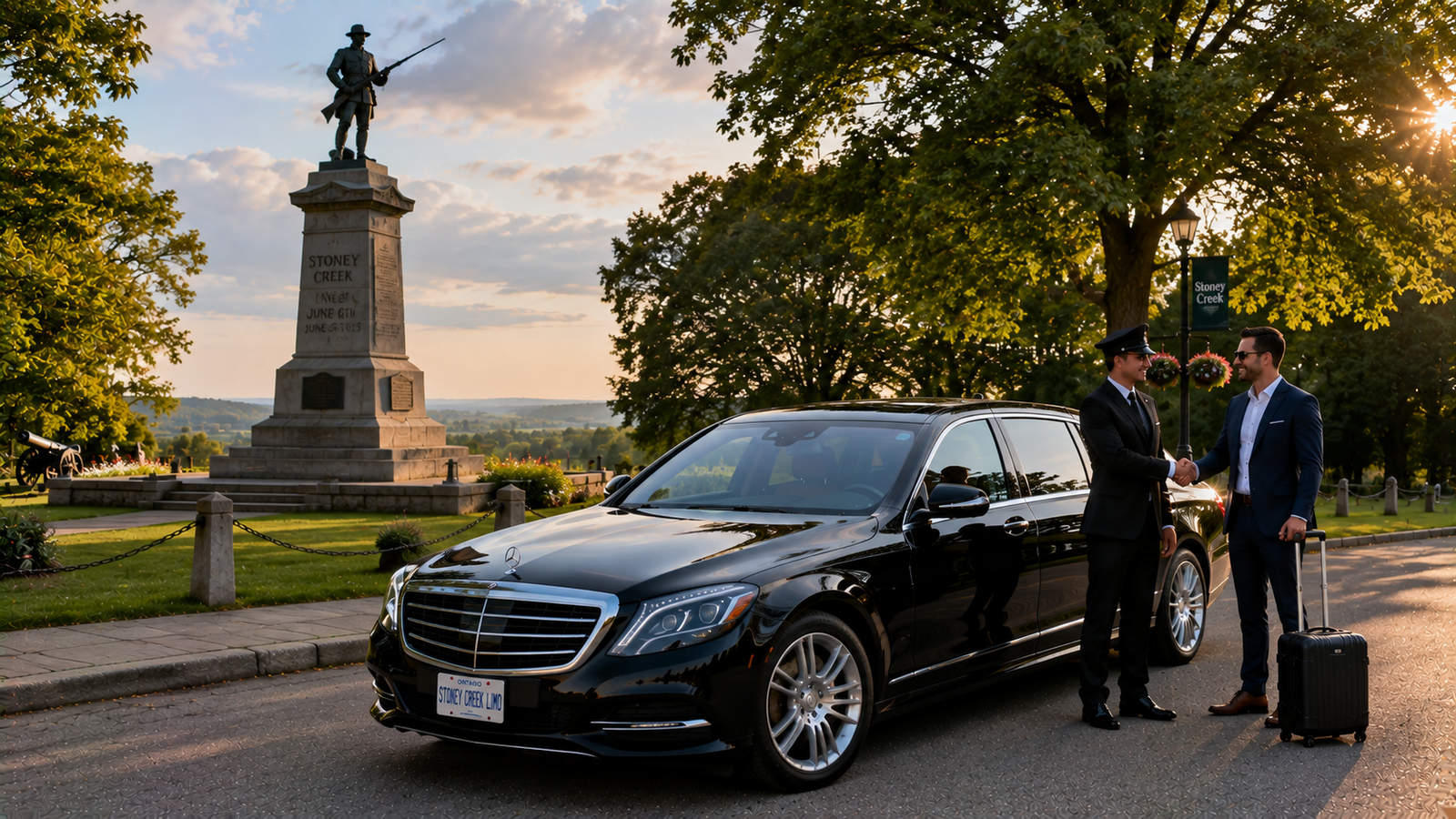 Glossy black sedan limo parked near the Stoney Creek battlefield monument park.