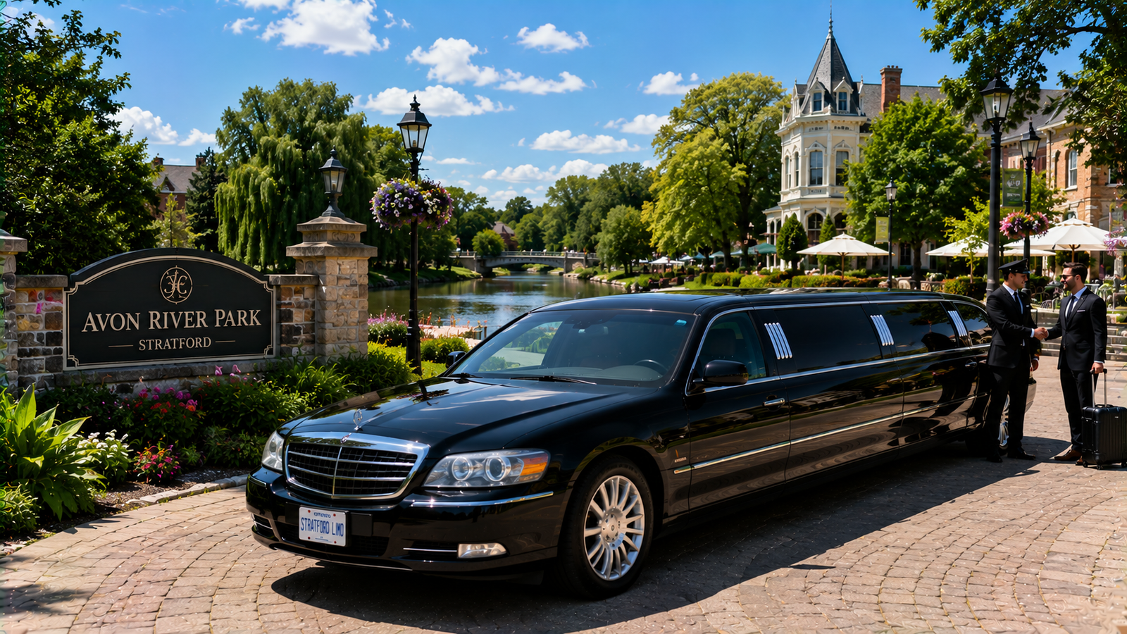 Luxury black executive sedan limo parked near the Avon River park in Stratford.
