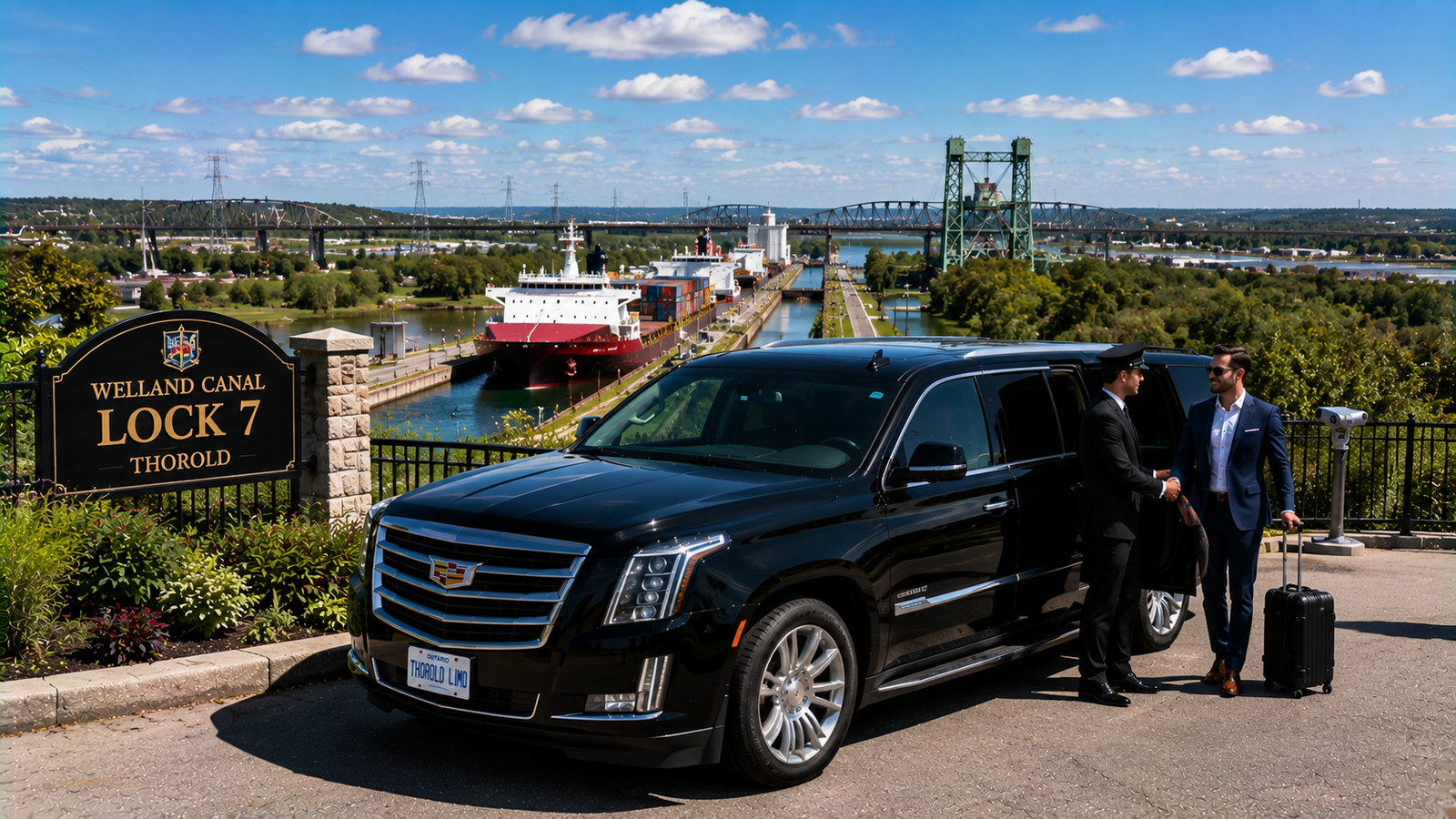 Dark gray luxury SUV limo parked overlooking Welland Canal Lock 7 in Thorold.
