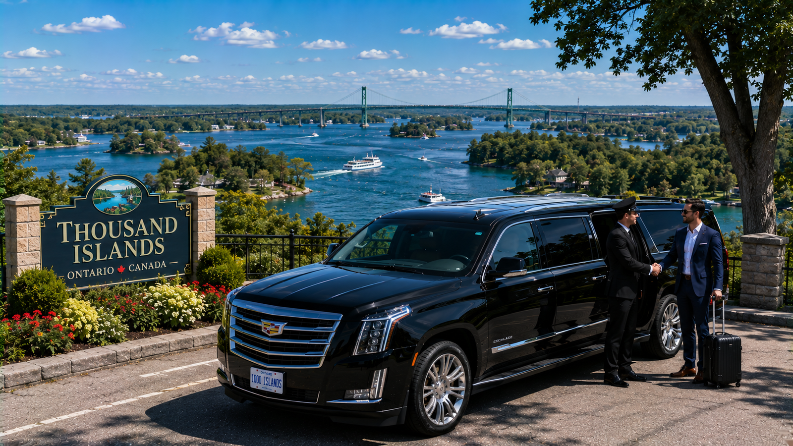 White luxury SUV limo parked on a scenic parkway overlooking the Thousand Islands bridge.