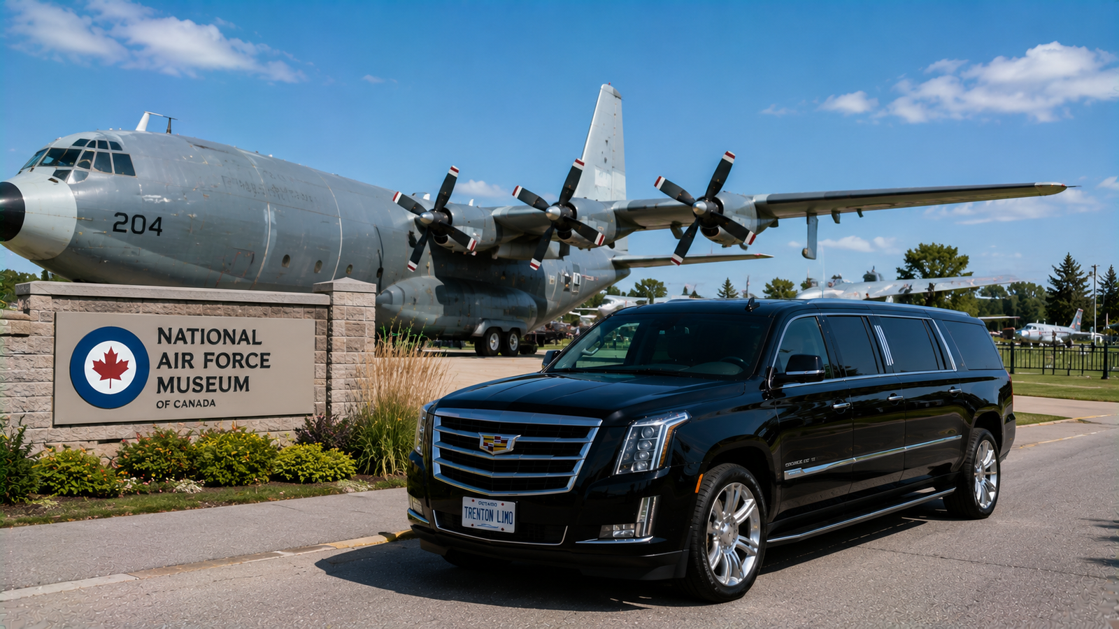 Black luxury SUV limo parked near the air force base museum area in Trenton.
