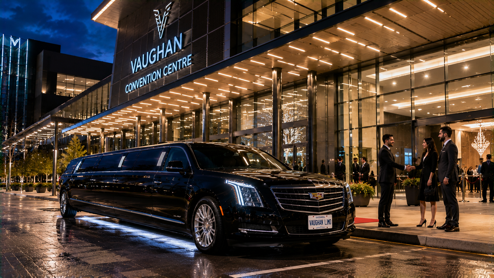 Sleek black limousine parked outside an illuminated convention center in Vaughan.