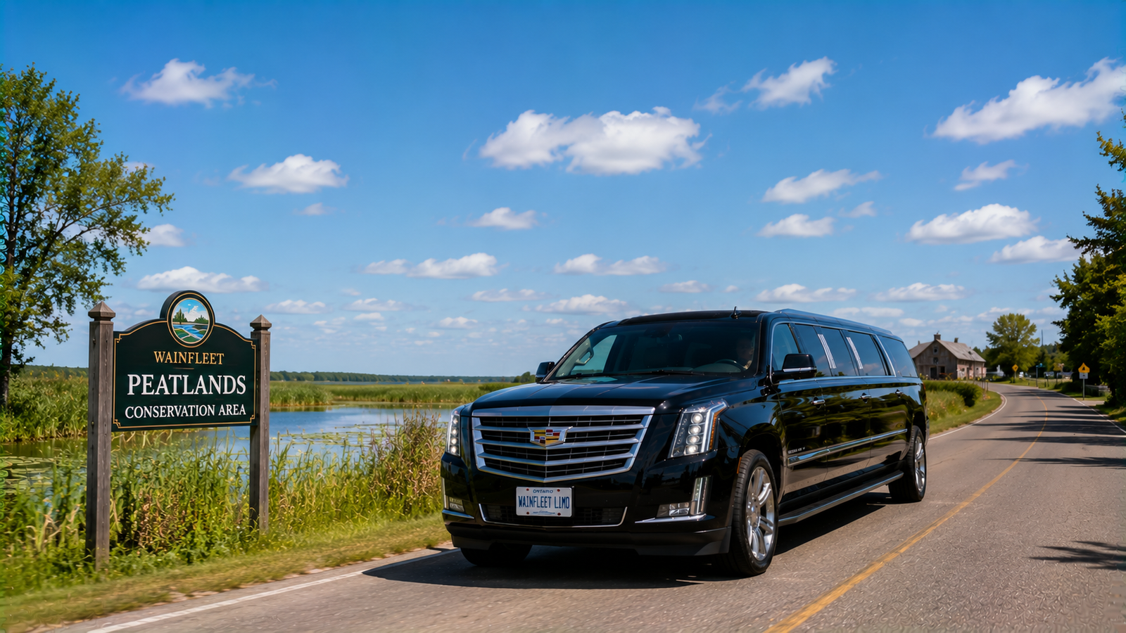 White executive SUV limo driving along a marshland conservation road in Wainfleet.