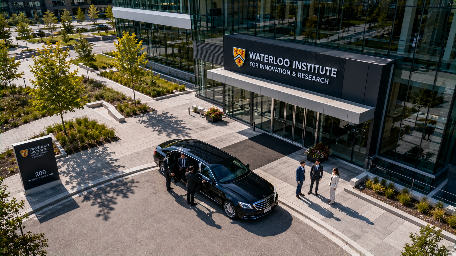 Glossy black executive sedan limo parked outside a modern university research building in Waterloo.