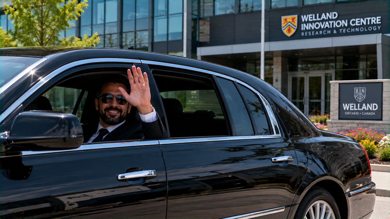 Sleek black luxury sedan parked at Welland pickup point for fast airport transfer service