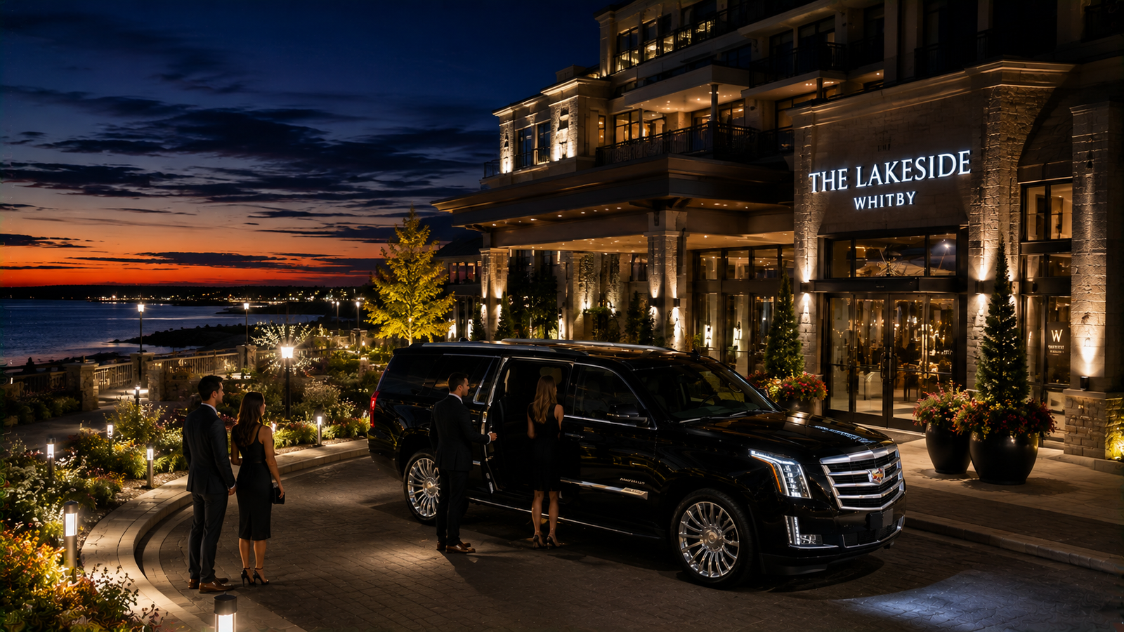 Executive black airport limousine parked near Whitby residential street for morning pickup