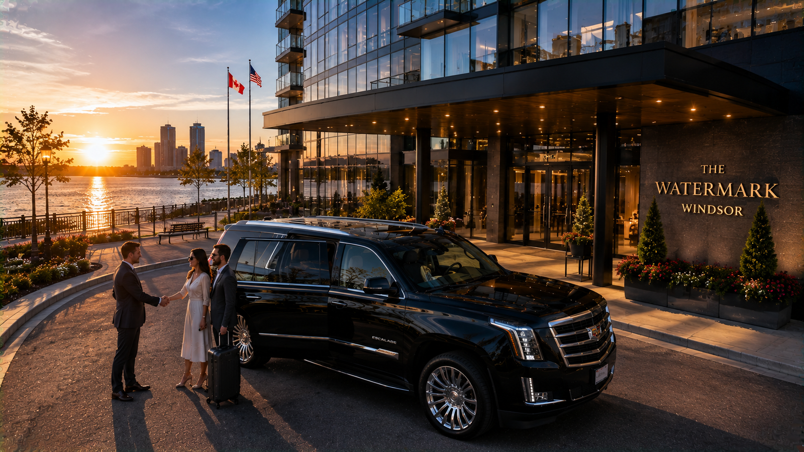 Premium black SUV limo parked outside Windsor location for long-distance airport ride