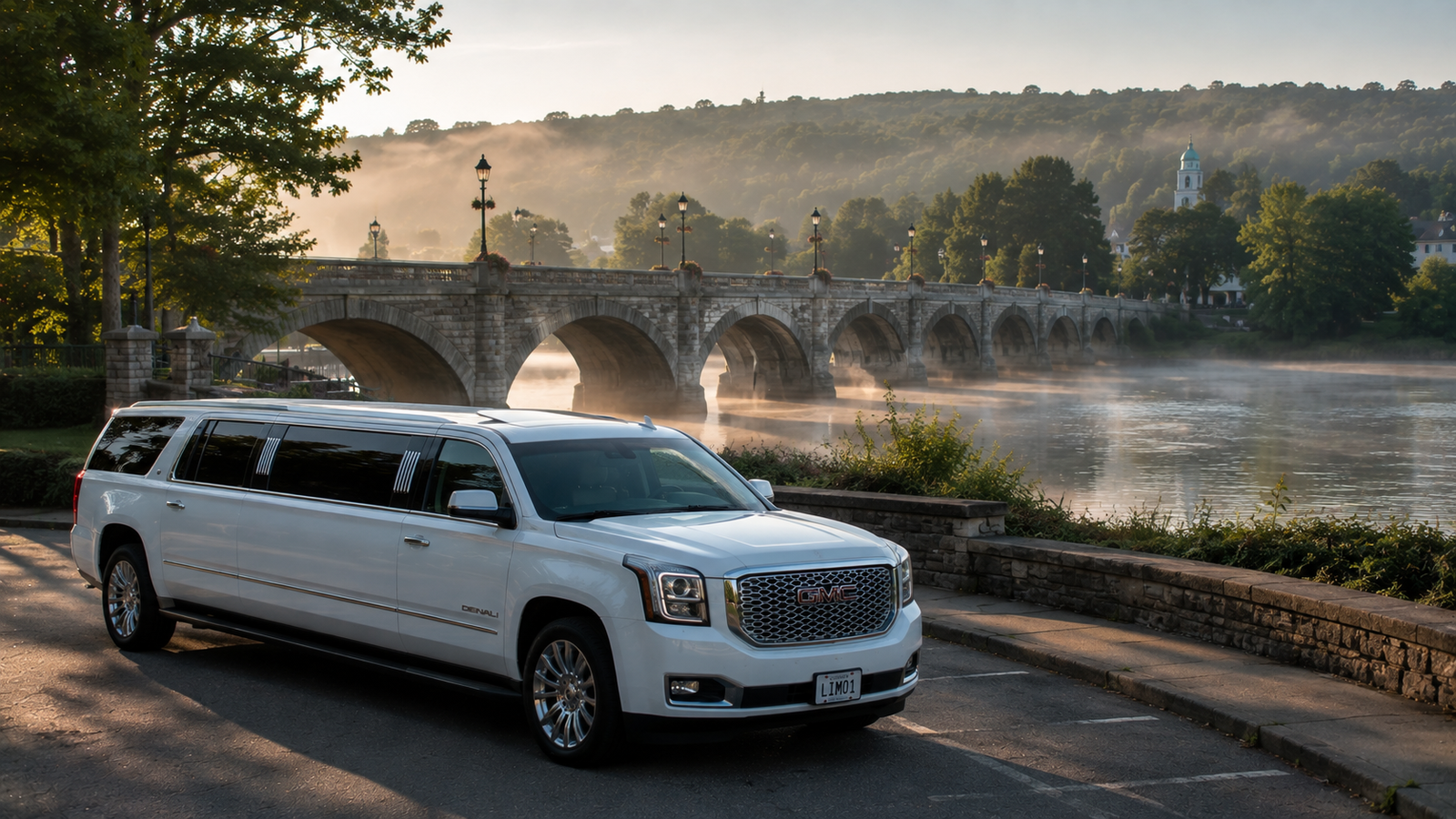 White luxury SUV limo parked next to a historic stone bridge in Caledonia.