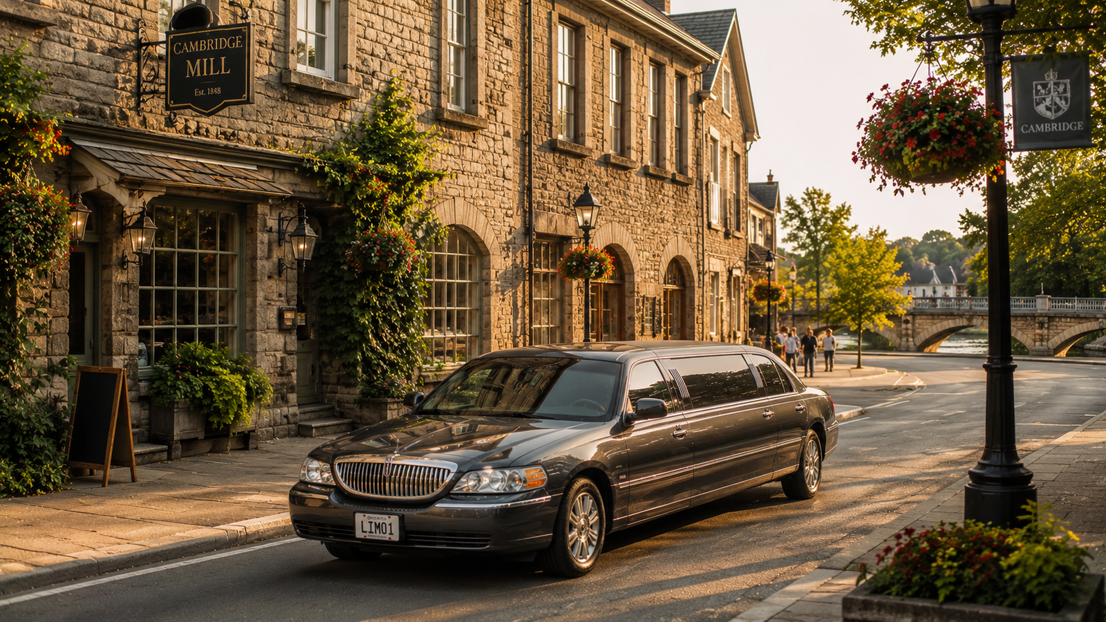 Dark gray executive sedan limo driving through the historic stone architecture district of Cambridge.