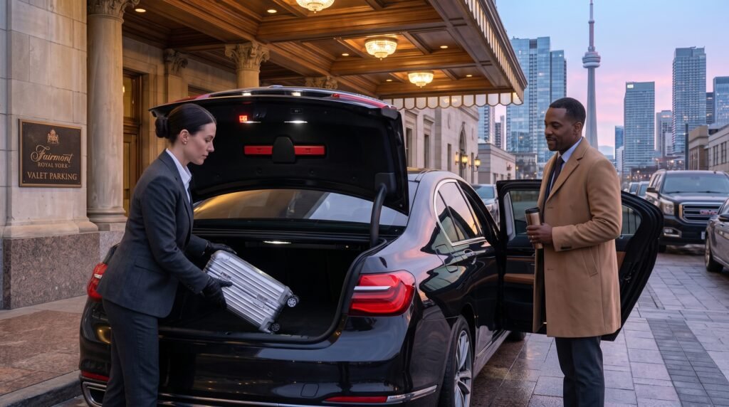 Professional chauffeur loading luggage as passengers choose a fixed rate airport limo transfer at dawn