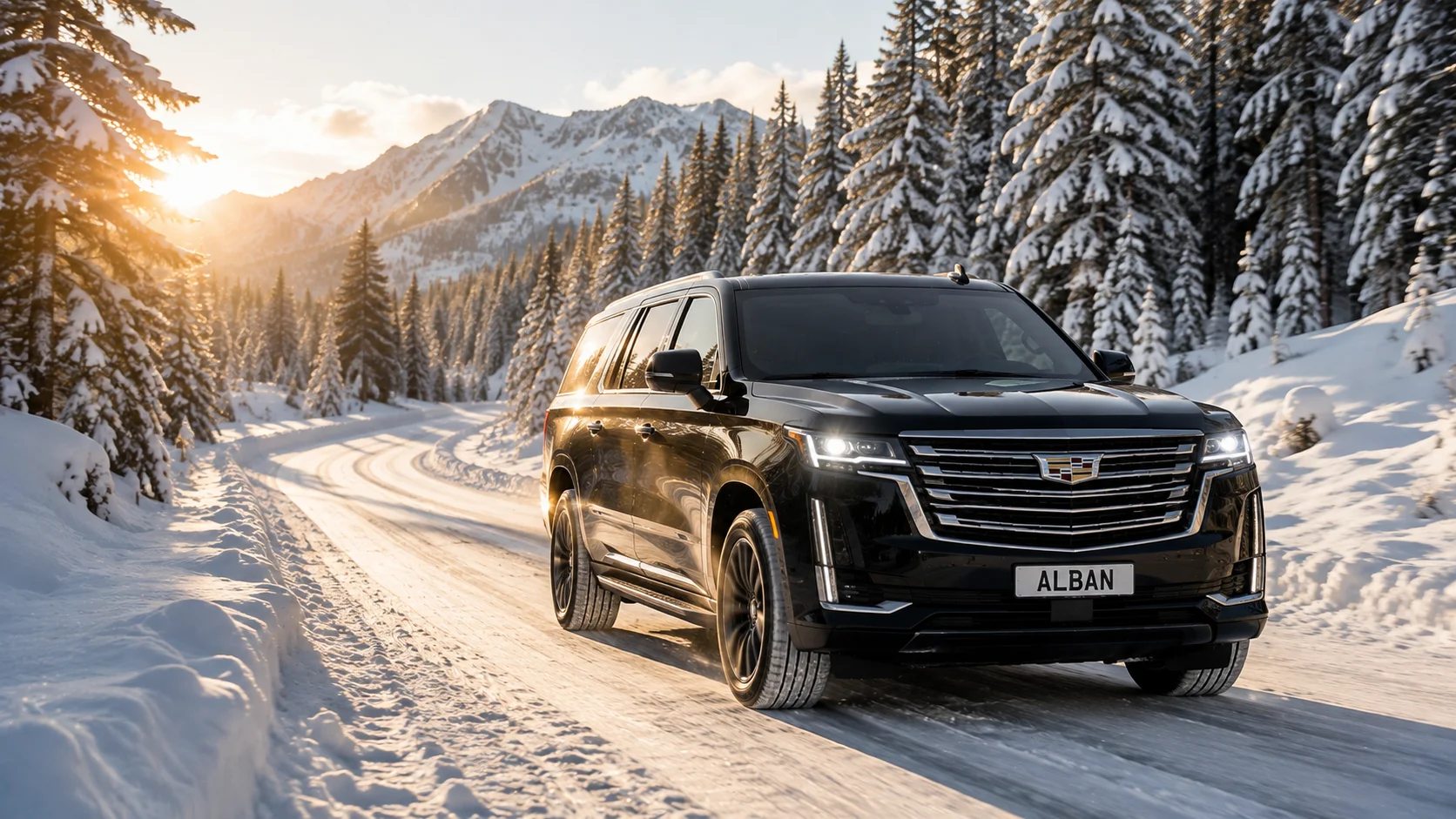 Black luxury SUV limo driving on a snow-covered winter road in Alban.